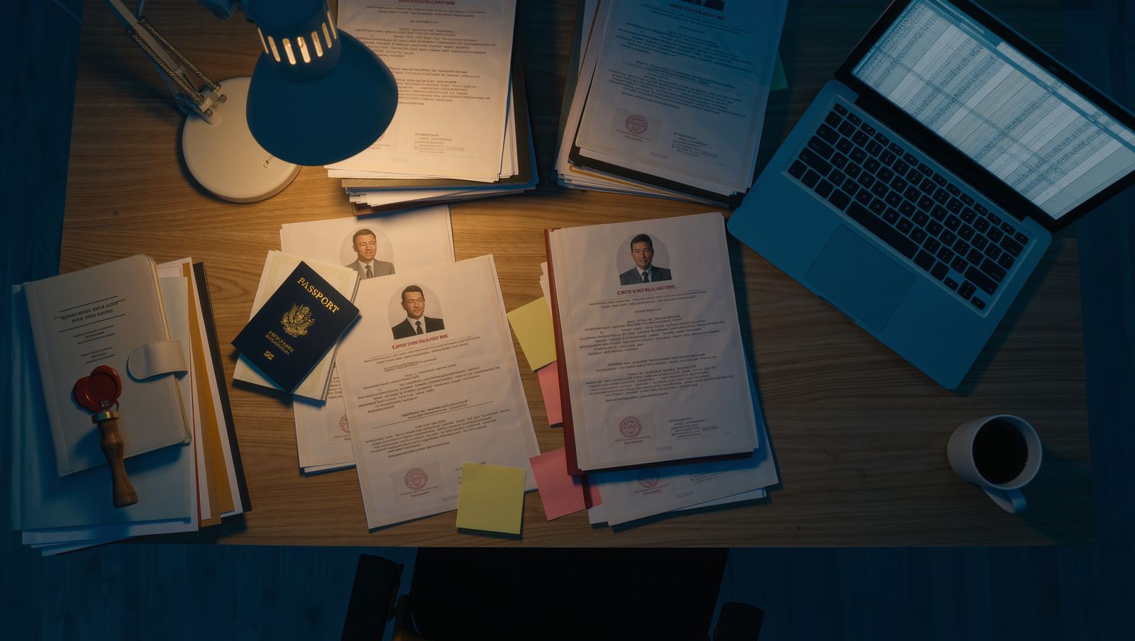 A crewing manager's desk covered in seafarer certificates, passports and CVs